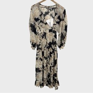 Evarae NWT Black Floral Print Silk Georgette River Wrap Maxi Dress Size XS